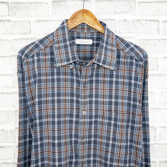 Ermenegildo Zegna Men's 2XB Button up Shirt Blue Plaid Cotton - Picture 5 of 7